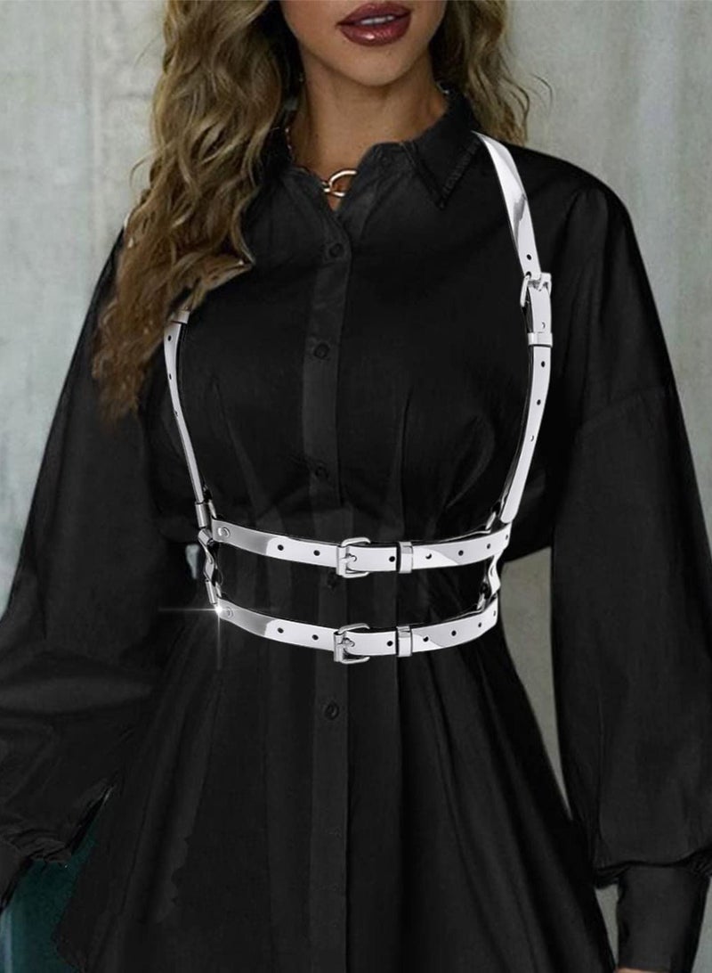 حزام خصر جلد مرآة بتصميم بانك، سلسلة جسم حزام صدر، حزام خصر PU غوت، ملابس حفلات لامعة لفتحات الرقص وإكسسوارات الجسم للنساء والفتيات - Image 2